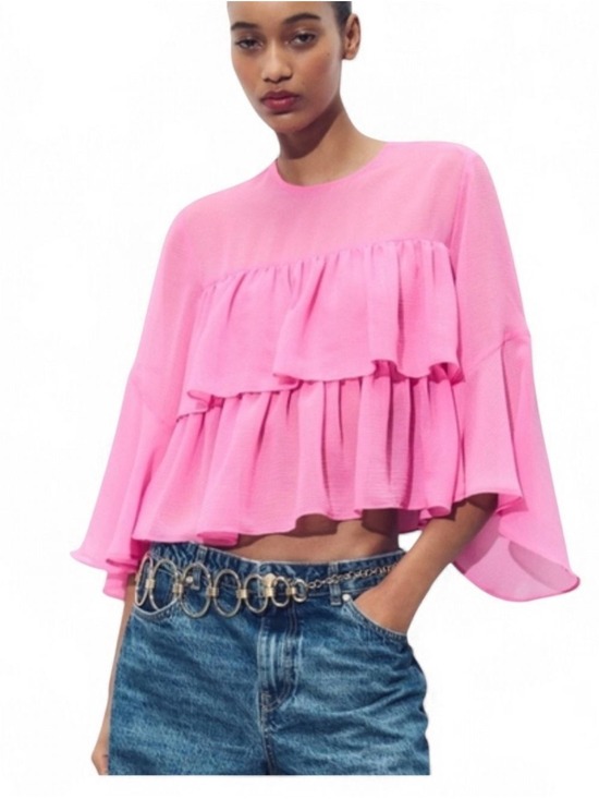 Zara Tops - Zara Bubblegum Pink Chiffon Tiered Ruffle Blouse XS